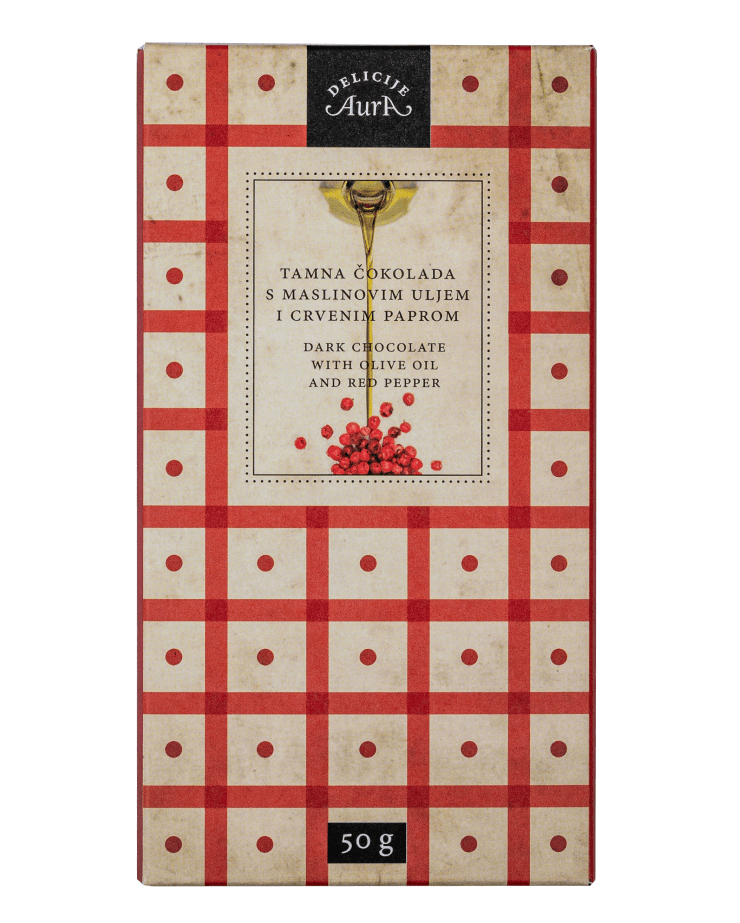 Cioccolato fondente all'olio d'oliva e pepe rosso 50g  - Aura