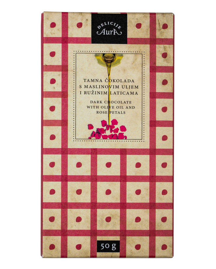 Cioccolato fondente all'olio d'oliva e petali di rosa 50g  - Aura