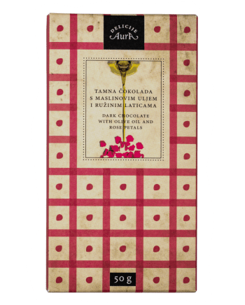 Cioccolato fondente all'olio d'oliva e petali di rosa 50g - Aura
