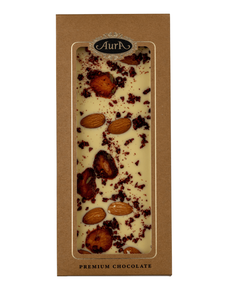 Premium Weiße Schokolade Mix aus Erdbeeren, Mandeln und Himbeeren 120g  - Aura