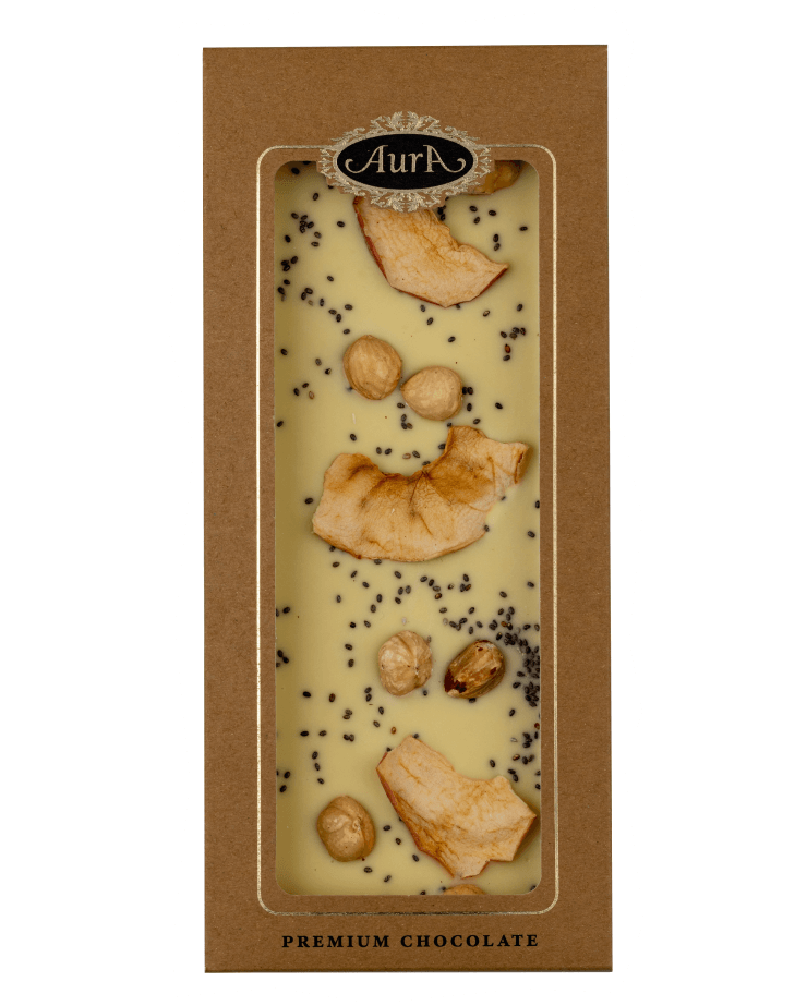 Premium Weiße Schokolade Mix aus Äpfeln, Haselnüssen und Chia-Samen 120g  - Aura