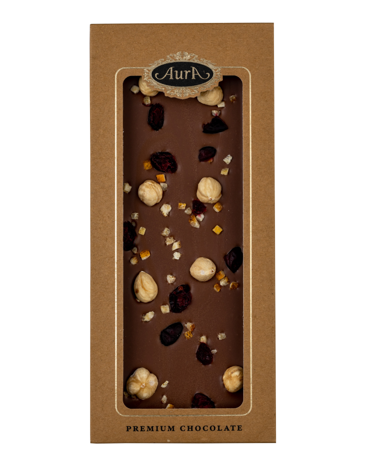 Premium Milchschokolade Mix aus Preiselbeeren, Haselnüssen und Orange 120g  - Aura