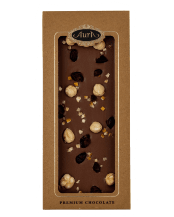 Cioccolato al latte mix di mirtilli rossi, nocciole e arancia 120g - Aura